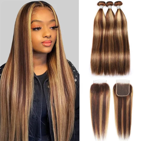 Highlight Honey Blonde Straight Hair 3 Bundles With 5x5 HD Lace Closure