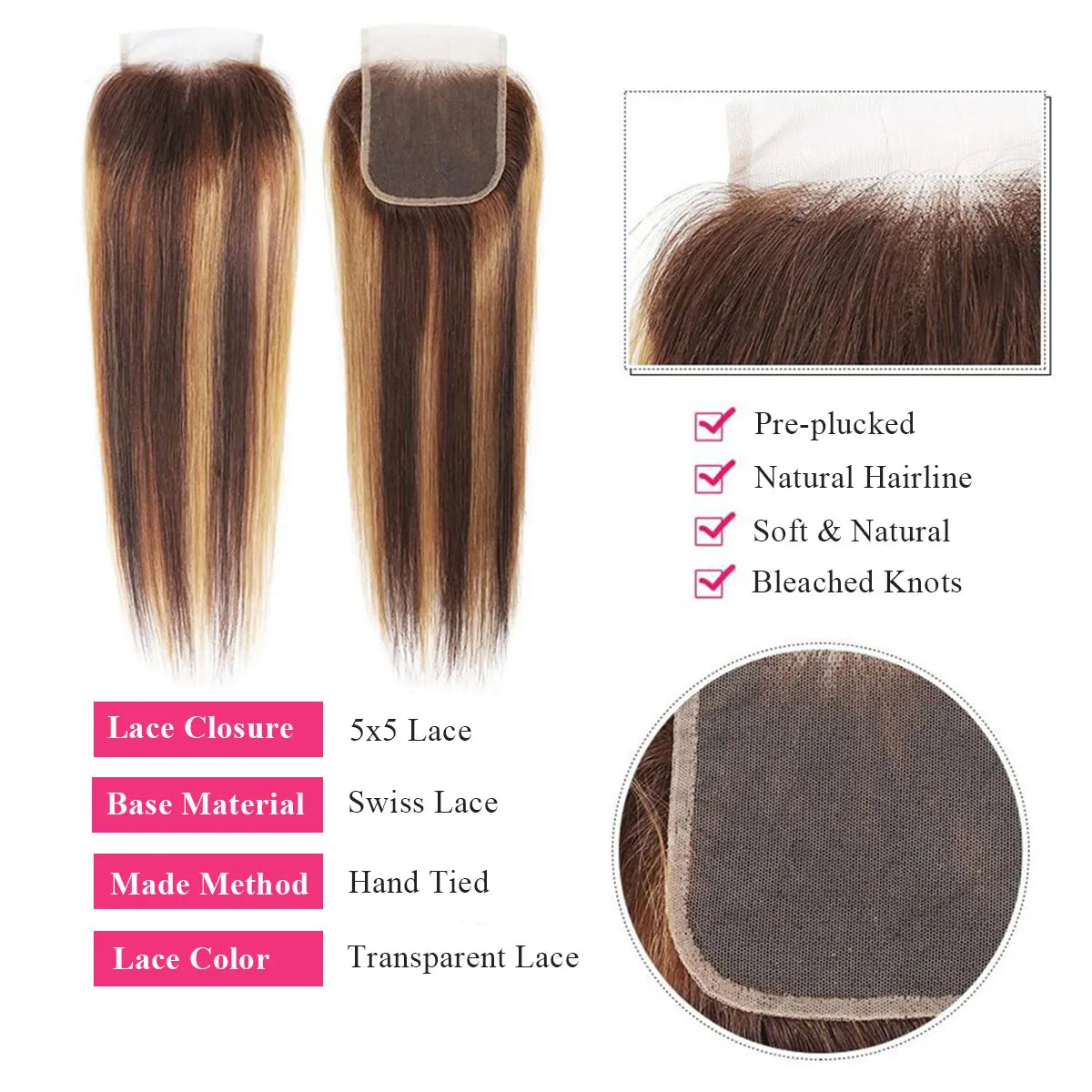 Highlight Honey Blonde Straight Hair 3 Bundles With 5x5 HD Lace Closure