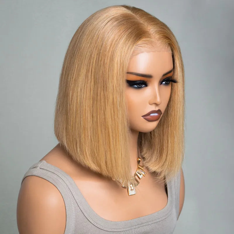 Glueless Honey Blonde Bob Wig Straight Pre-Cut 6x5 HD Lace Closure Short Wig