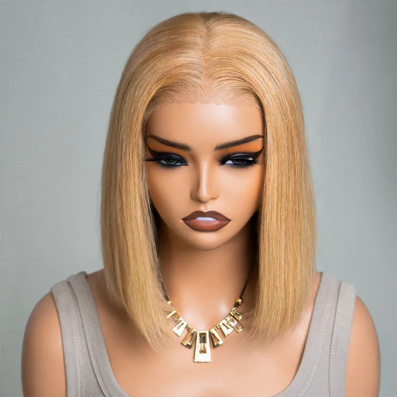 Glueless Honey Blonde Bob Wig Straight Pre-Cut 6x5 HD Lace Closure Short Wig