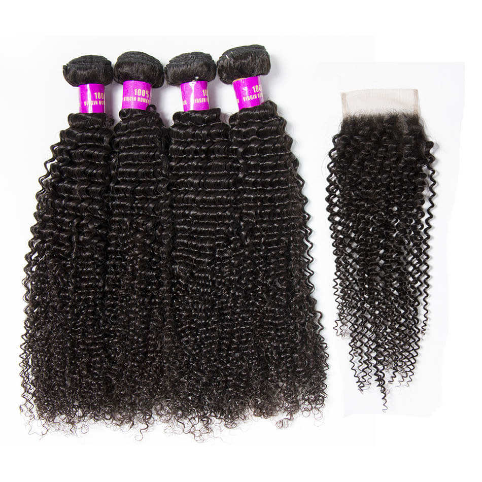 Brazilian Kinky Curly Virign Human Hair 4 Bundles With Closure
