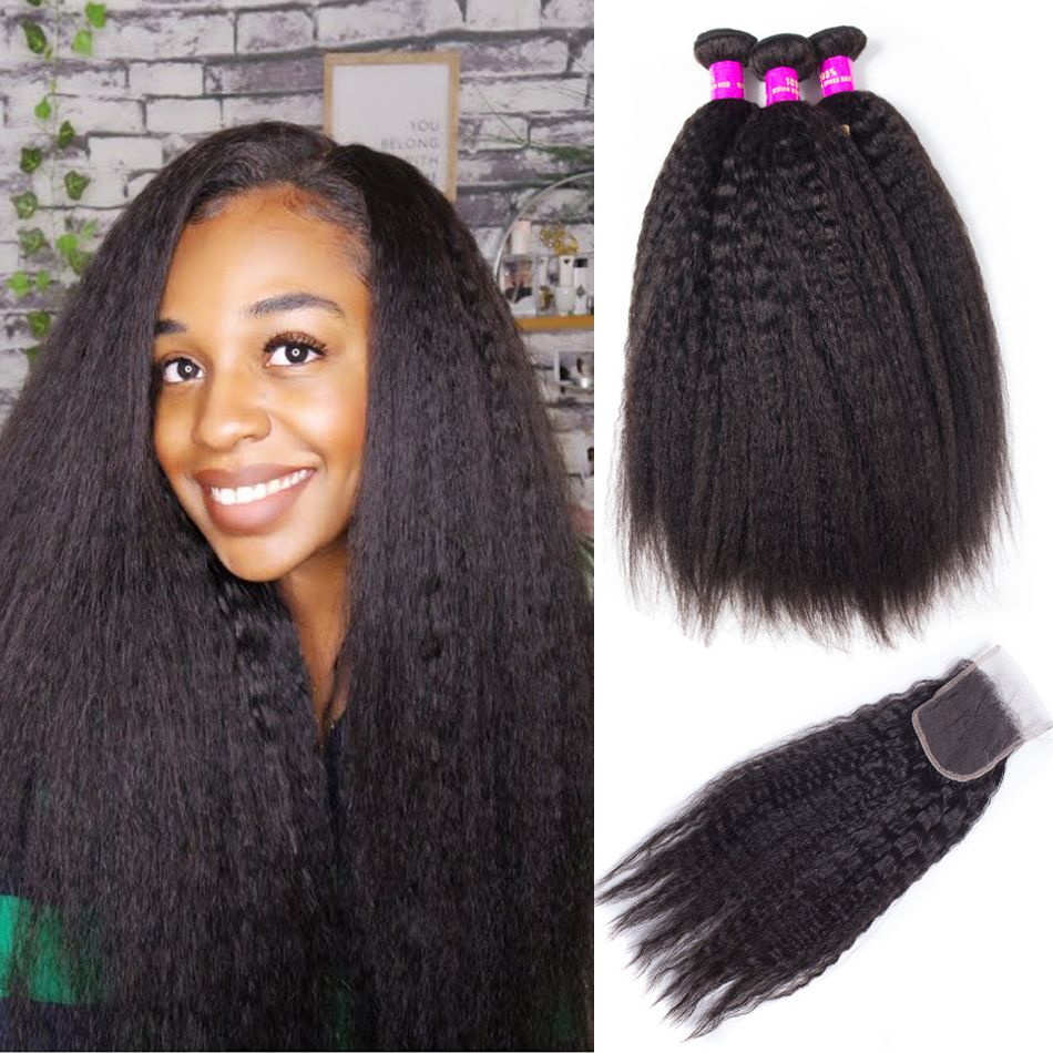 Brazilian Kinky Straight Virgin Hair 3 Bundles with Lace Closure