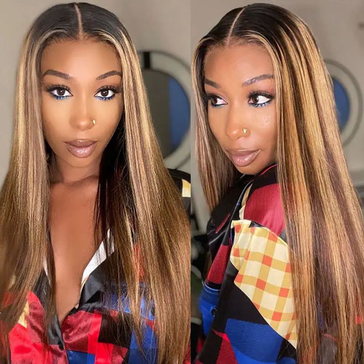Ombre Highlight Brown With Dark Roots Straight Wig 13x4 HD Lace Frontal Wig 180%