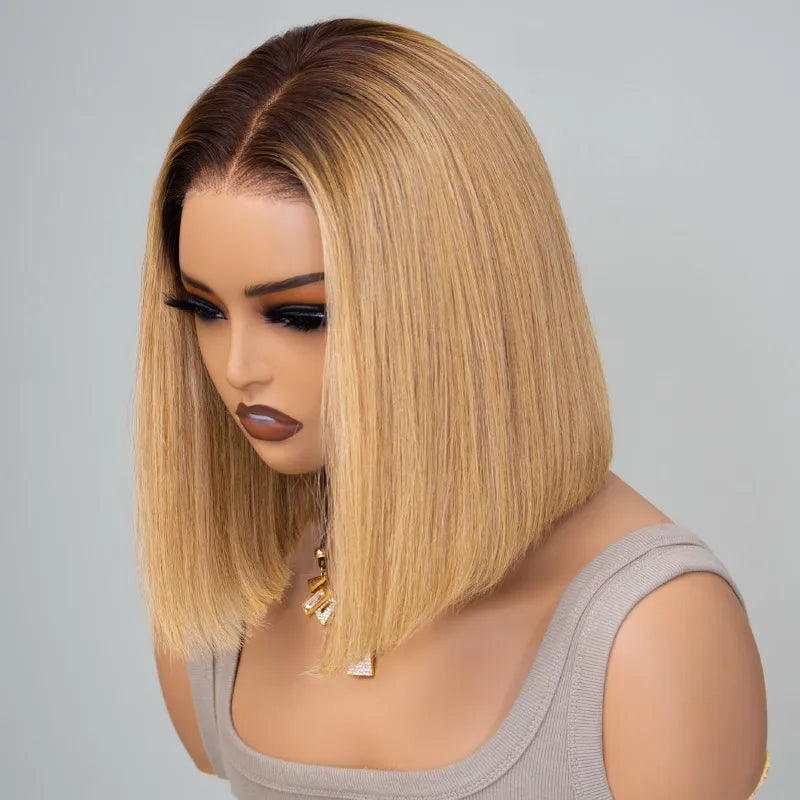 Glueless Ombre Honey Blonde Straight Bob Wig 6x5 Pre-Cut HD Lace Closure Short Wig
