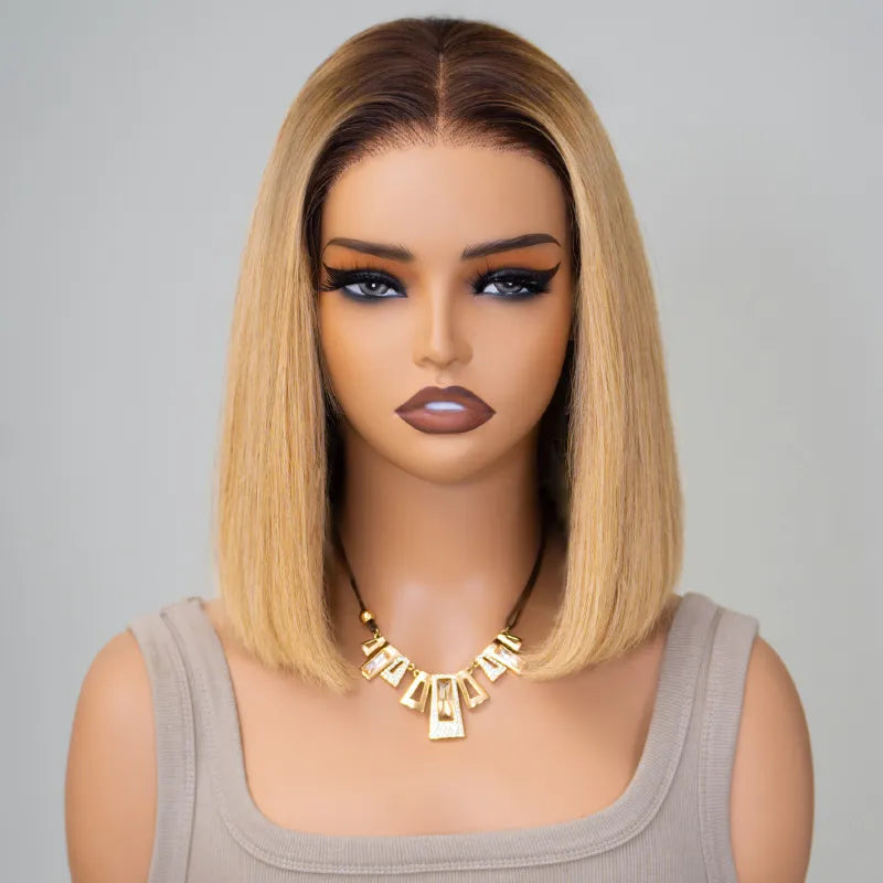 Glueless Ombre Honey Blonde Straight Bob Wig 6x5 Pre-Cut HD Lace Closure Short Wig