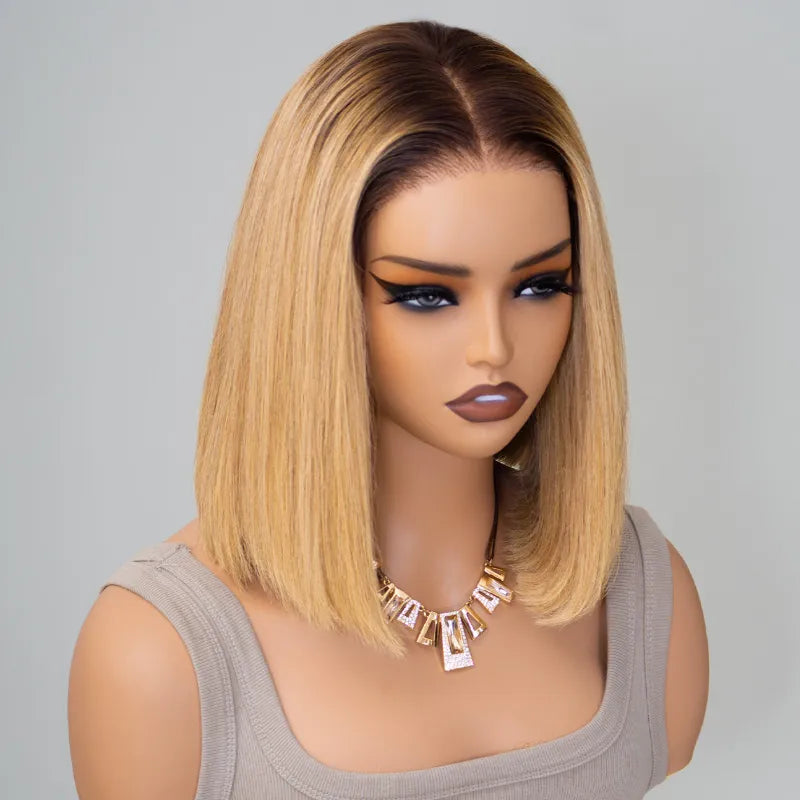 Glueless Ombre Honey Blonde Straight Bob Wig 6x5 Pre-Cut HD Lace Closure Short Wig