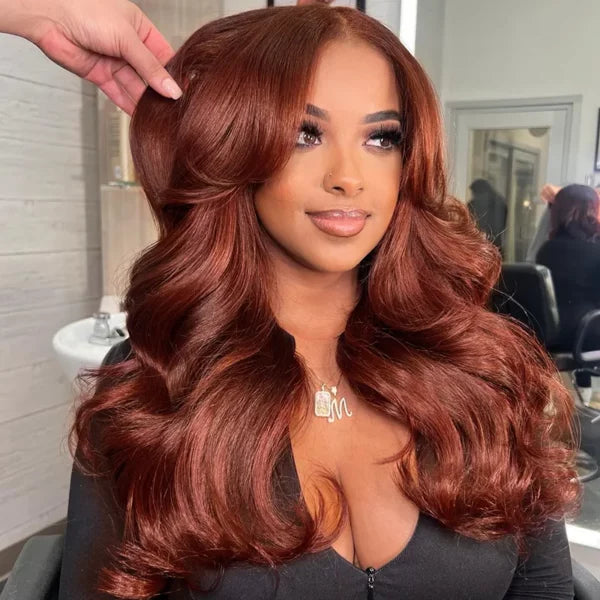 Curtain Bangs Layered Cut Reddish Brown 99j Body Wave Wig Glueless 6x5 Pre-Cut Lace Wig