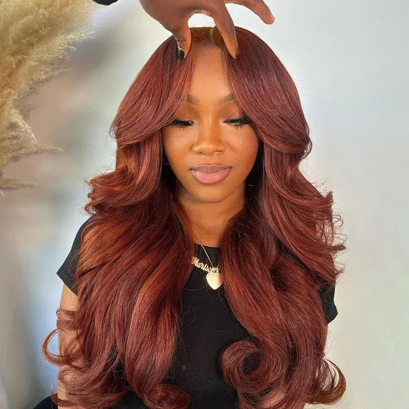 Curtain Bangs Layered Cut Reddish Brown 99j Body Wave Wig Glueless 6x5 Pre-Cut Lace Wig