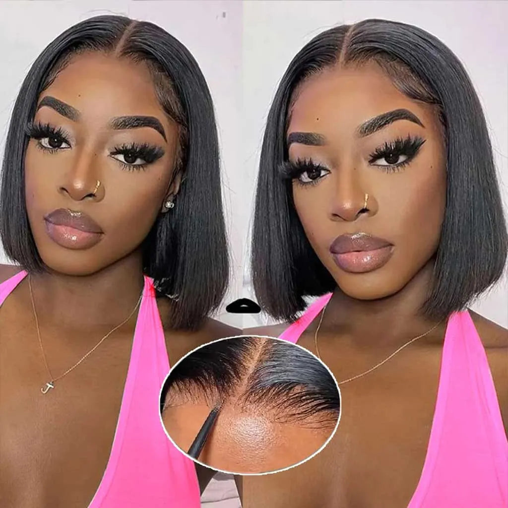 Pre-Bleached Knots Ready To Go Glueless Straight Bob Wig Pre-Cut 6x5 HD Lace Wig