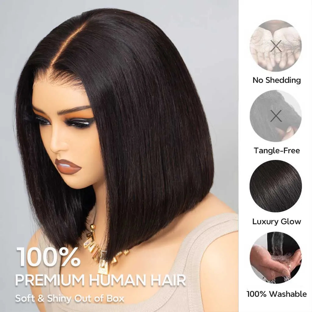 Glueless Straight Bob Wig Upgraded 6x5 Lace Closure Short Wig Pre-Cut HD Lace & Bleached Knots