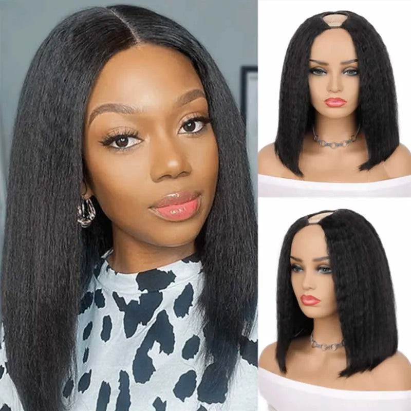 U Part Wig Kinky Straight Hair Yaki Bob Wigs