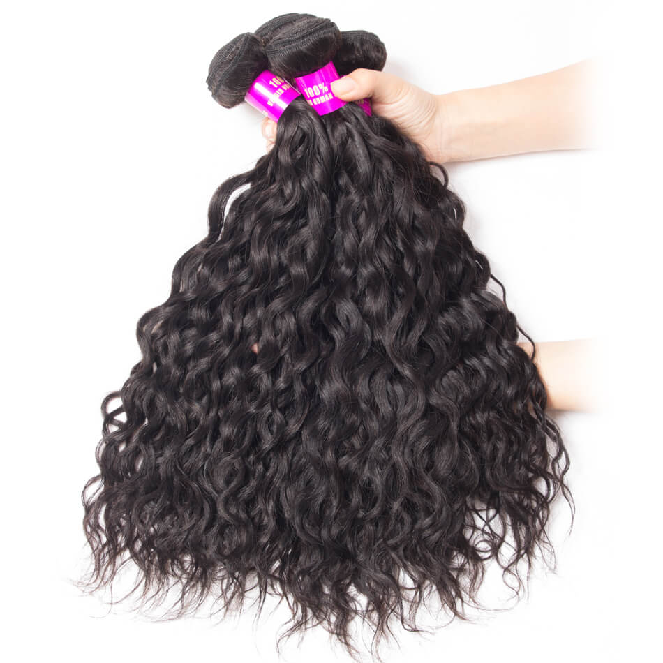 Wet And Wavy Human Hair Weave Bundles With Frontal Natural Color 4 Bundles Brazilian Water Wave With Frontal
