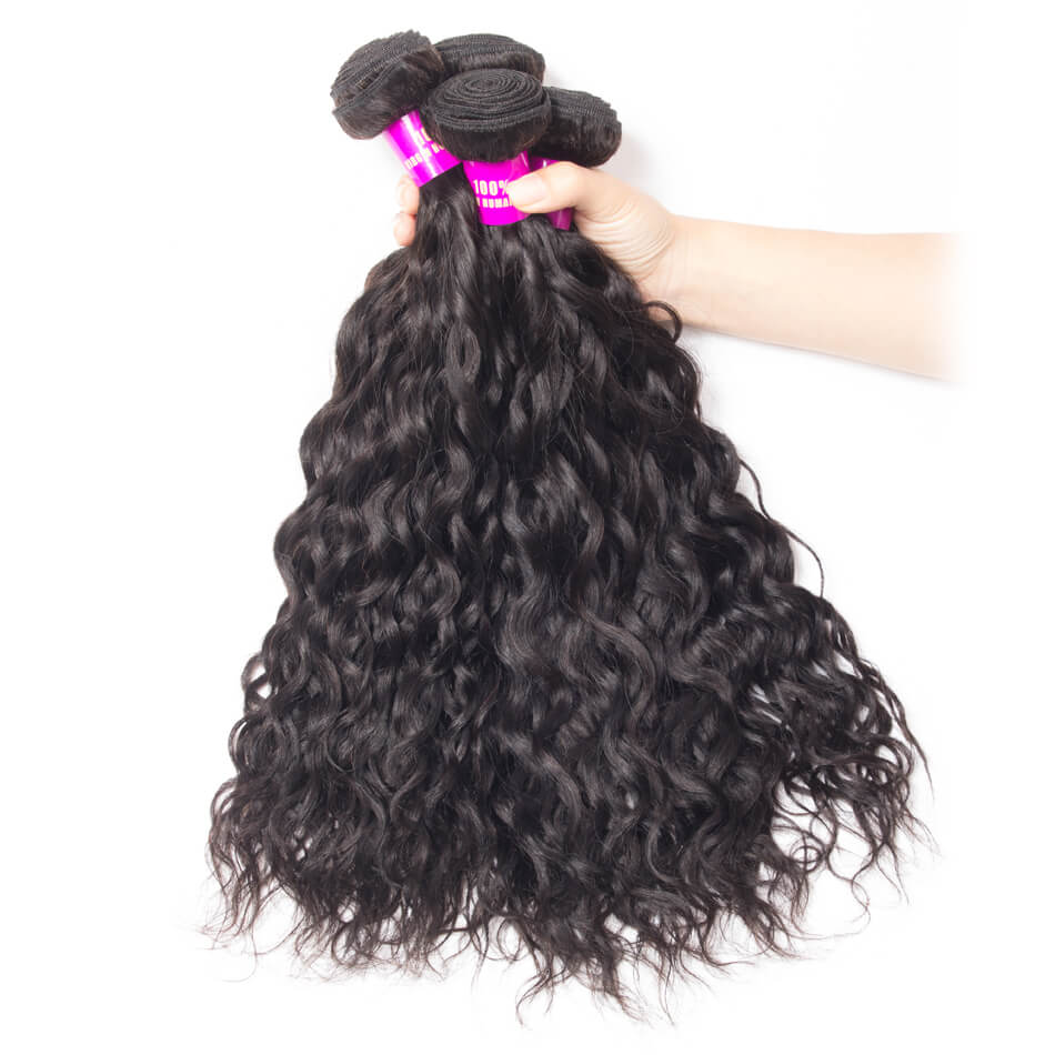 Wet And Wavy Human Hair Weave Bundles With Frontal Natural Color 4 Bundles Brazilian Water Wave With Frontal