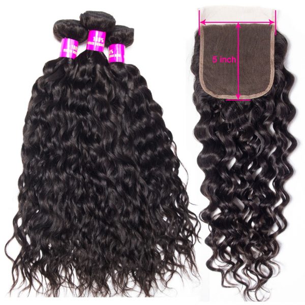 Brazilian Water Wave 3 Bundles with 5×5 Lace Closure Virgin Hair Deals