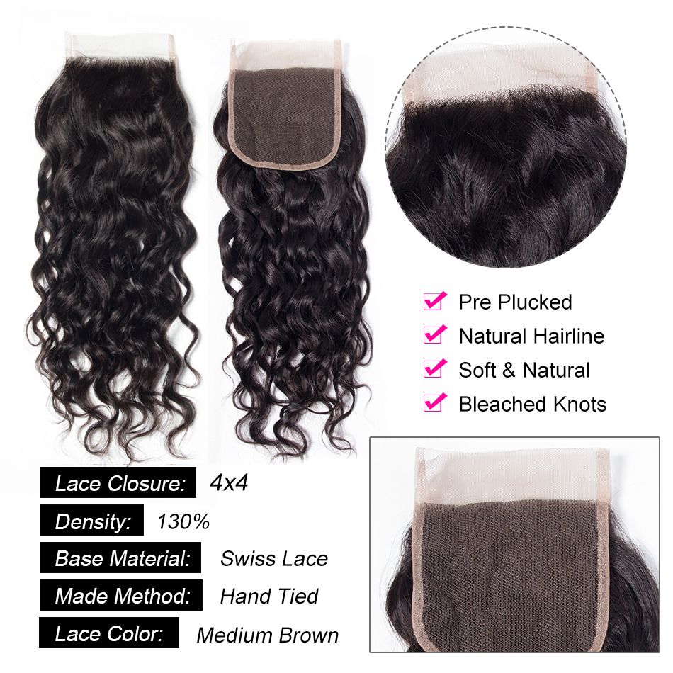 Wet And Wavy Human Hair Weave Bundles With Closure Natural Color 4 Bundles Brazilian Water Wave With Closure