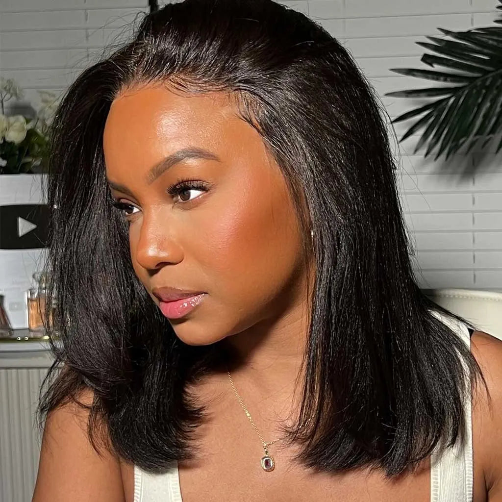 Yaki Straight Glueless Bob Wig 6x5 Pre-Cut HD Lace Bleached Knots Put On & Go