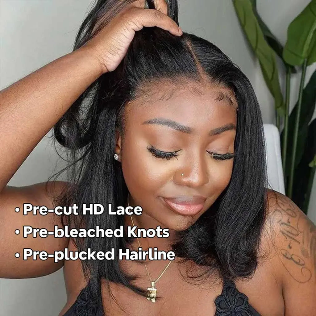 Yaki Straight Glueless Bob Wig 6x5 Pre-Cut HD Lace Bleached Knots Put On & Go