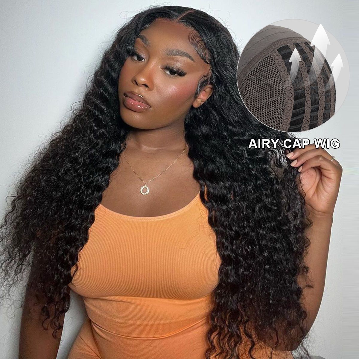 New Airy Glueless 6x5 Plus Pre-Cut Lace Wig Deep Wave Breathable Cap Wear & Go One Step Install