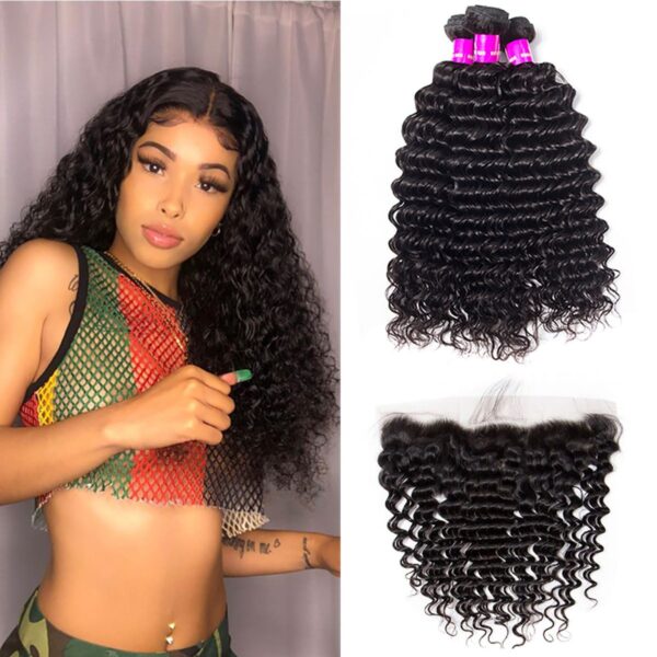 Deep Wave Hair 3 Bundles with 13x4 HD Lace Frontal for Full Head