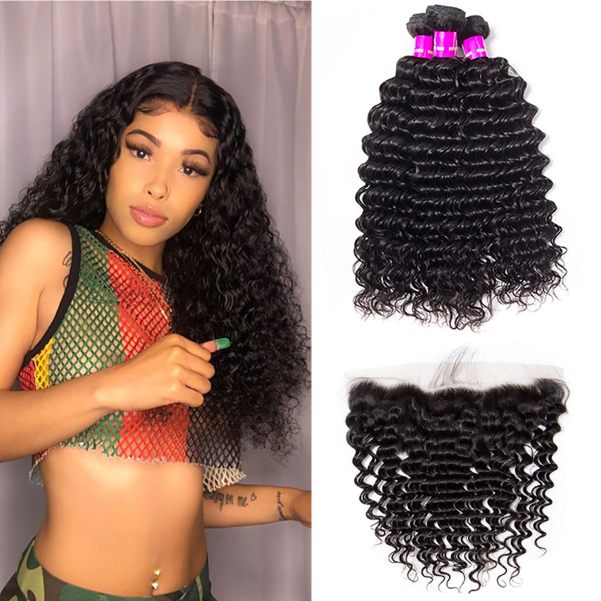 Deep Wave Hair 3 Bundles with 13x4 HD Lace Frontal for Full Head