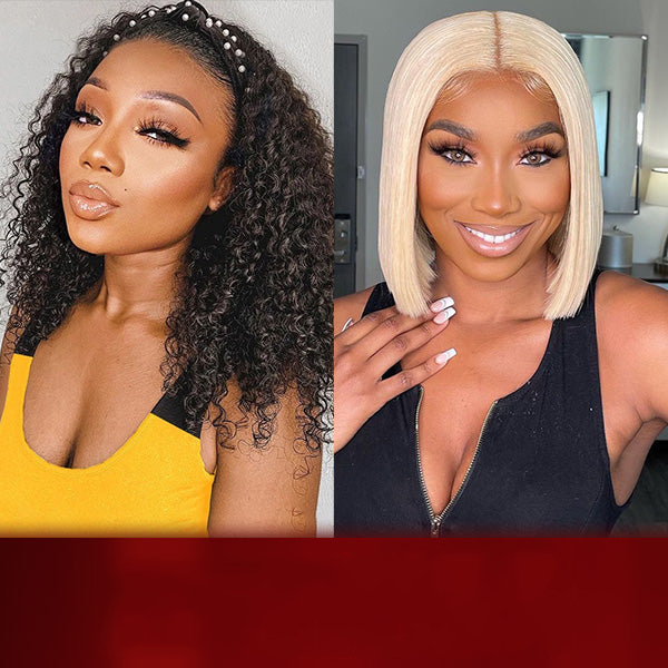 Curlymuse Two Wigs Only $199 | 613 Blonde Bob Wig + Curly Headband Wig