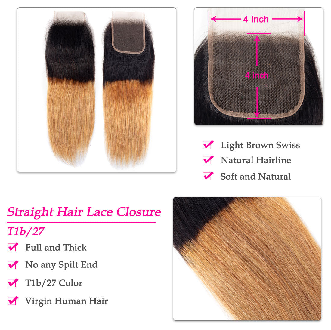 Ombre Hair T1B/27 Brazilian Straight Hair Bundles with Closure