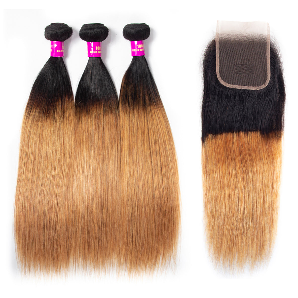 Ombre Hair T1B/27 Brazilian Straight Hair Bundles with Closure