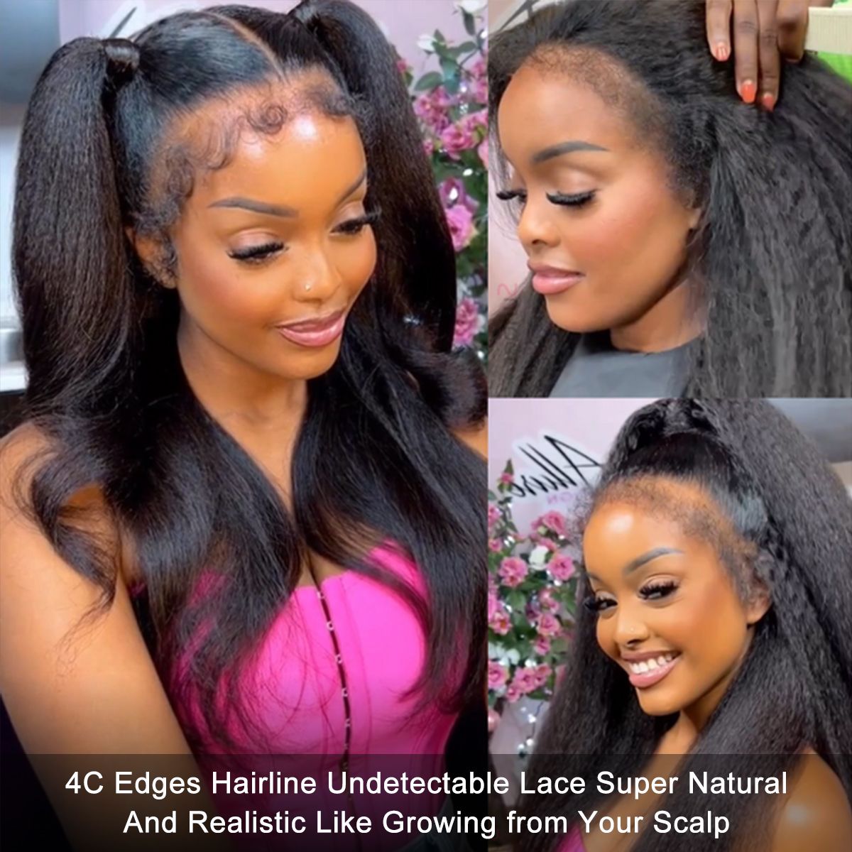 4C Edges Hairline Kinky Straight 13x4 Lace Front Wig Glueless Wig Super Natural