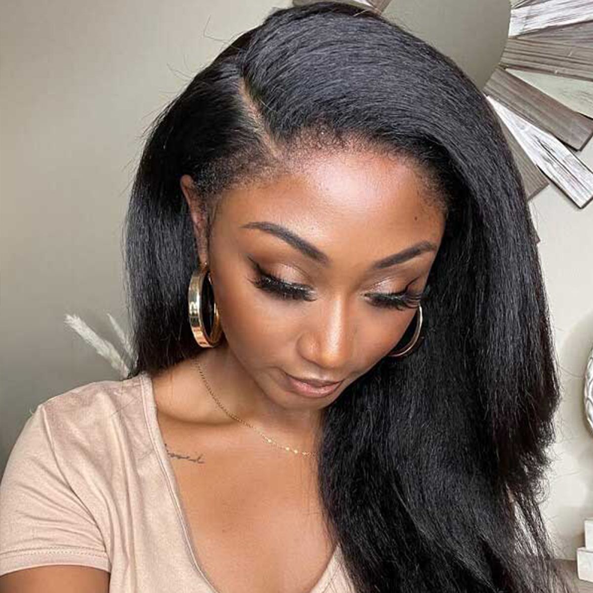 4C Edges Hairline Kinky Straight 13x4 Lace Front Wig Glueless Wig Super Natural