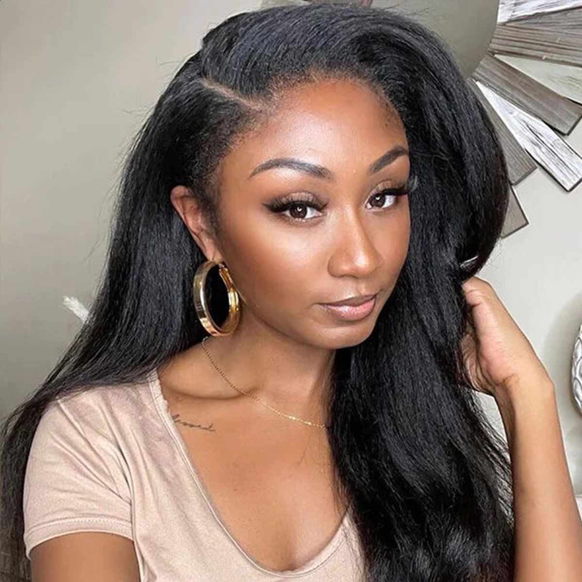 4C Edges Hairline Kinky Straight 13x4 Lace Front Wig Glueless Wig Super Natural