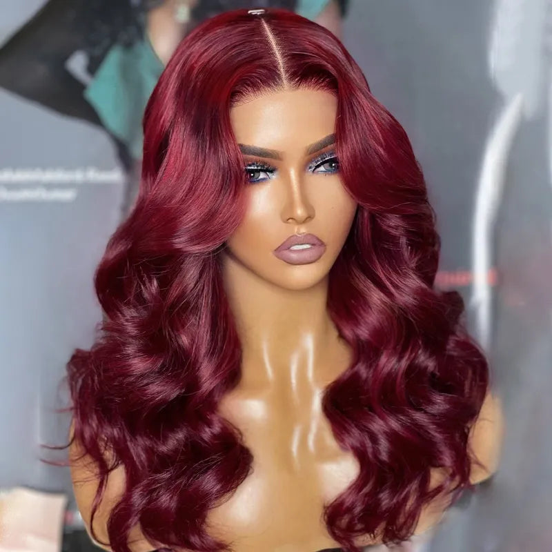 Curtain Bangs 99j Burgundy Body Wave Wig Glueless 6x5 Pre-Cut Lace Wig
