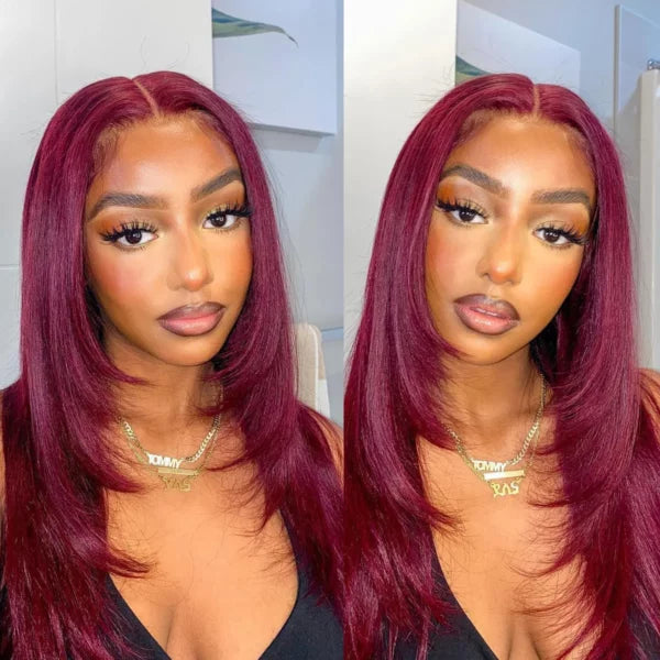 Layered Cut Straight Wig 99j Glueless 6x5 Lace Human Hair Wig Salone Quality