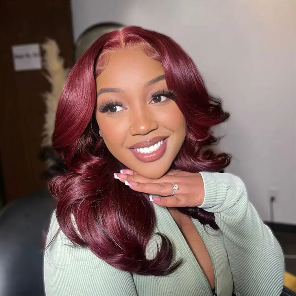 99j Burgundy Layered Loose Wave Lace Wig Glueless 6x5 Lace Human Hair Wig Shoulder Length