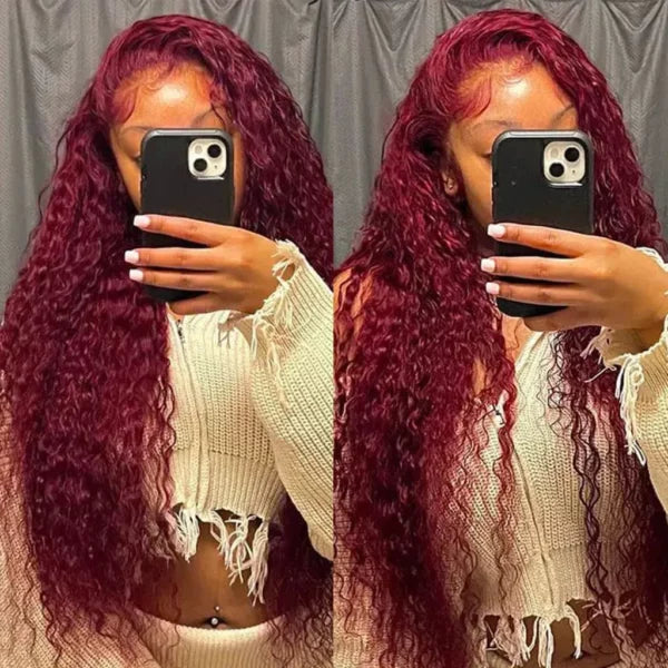 99J Burgundy Color Water Wave 6x5 13x4 Lace Front Wig 180% Density