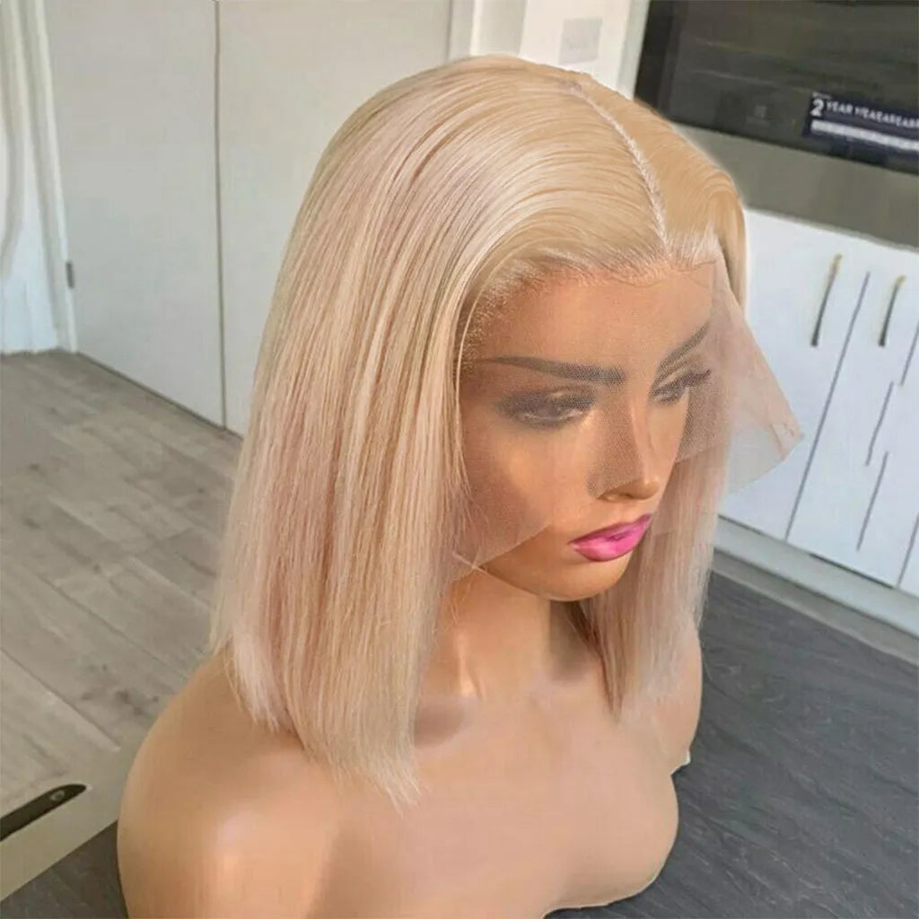 Ash Blonde Straight Bob Wig 13x6 Lace Front Human Hair Short Wigs