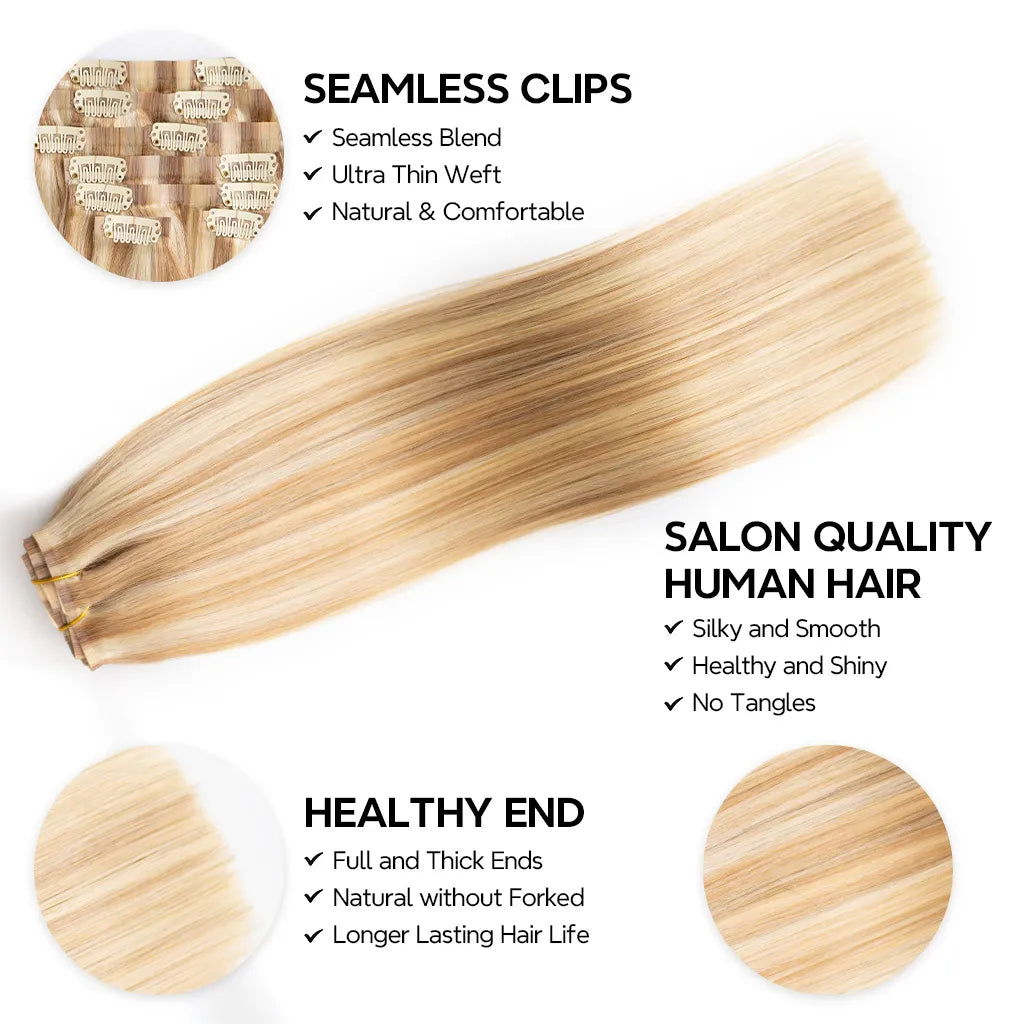 Blonde Highlight P16/613 Clip In Hair Extensions Straight Real Human Hair Seamless Blend 7pcs/pack