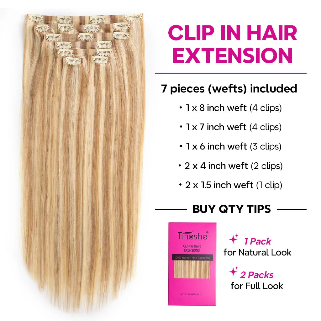 Blonde Highlight P16/613 Clip In Hair Extensions Straight Real Human Hair Seamless Blend 7pcs/pack