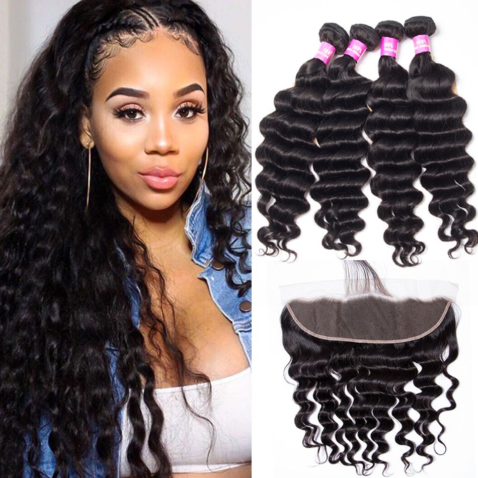 Virgin Hair 4 Bundles With Frontal Loose Deep Wave Brazilian Human Hair Weave Bundles With Frontal