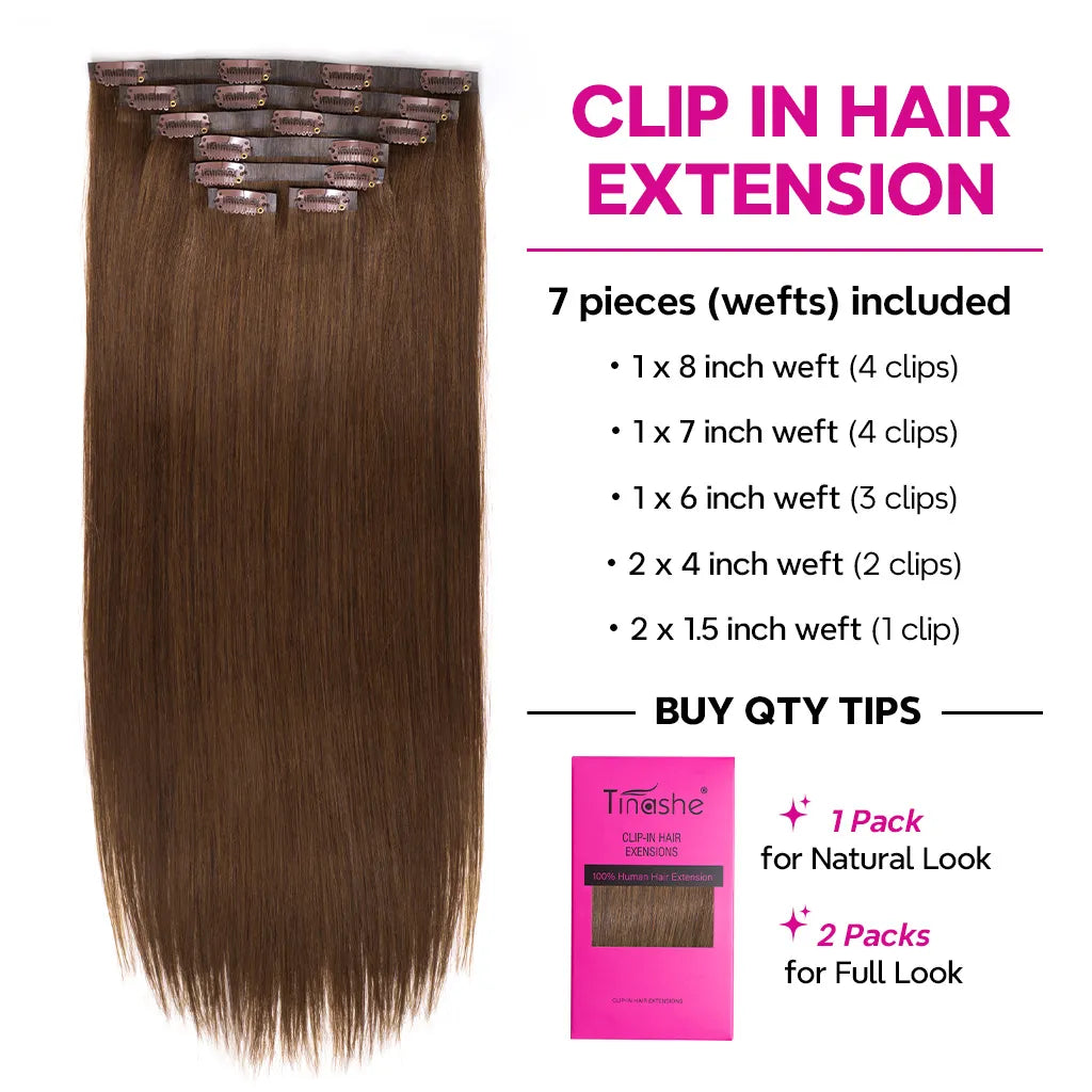 Dark Brown Clip In Hair Extensions Straight Real Human Hair Seamless Blend 7pcs/pack