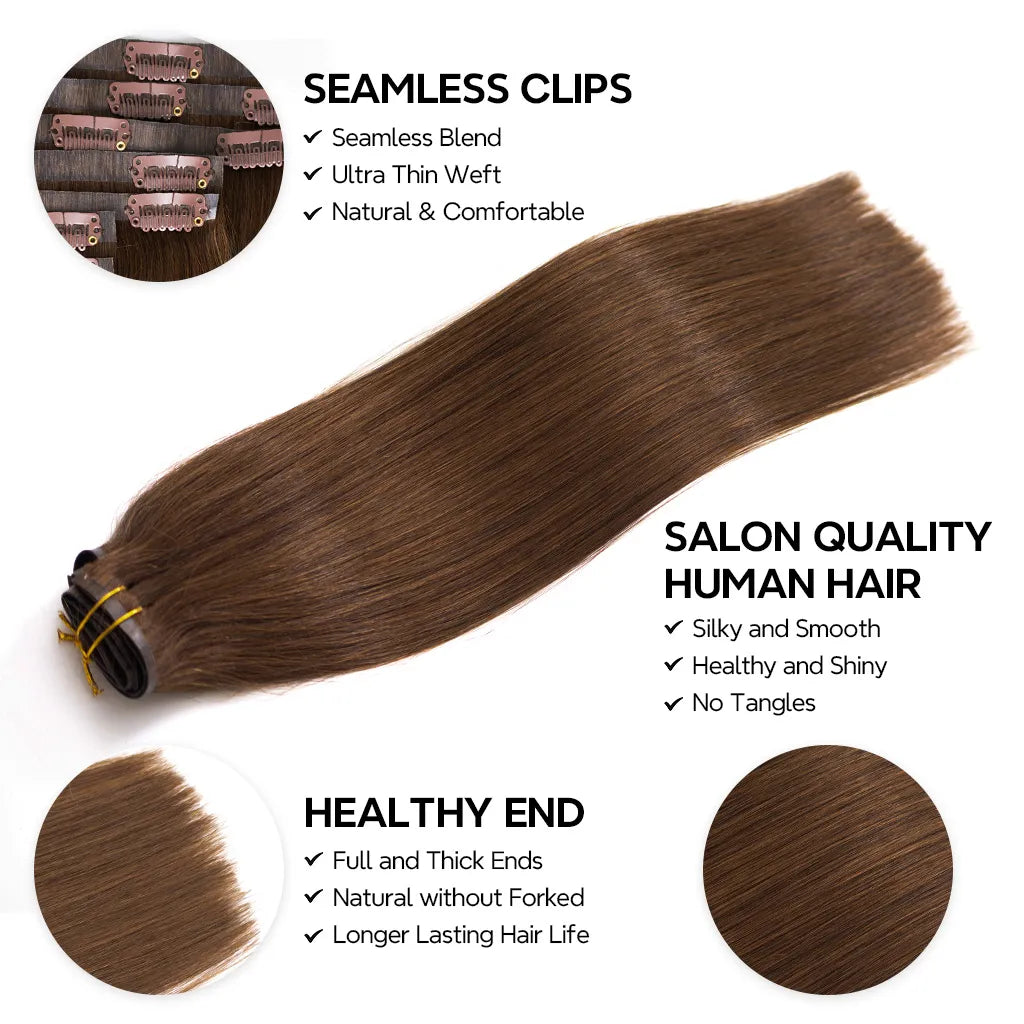 Dark Brown Clip In Hair Extensions Straight Real Human Hair Seamless Blend 7pcs/pack