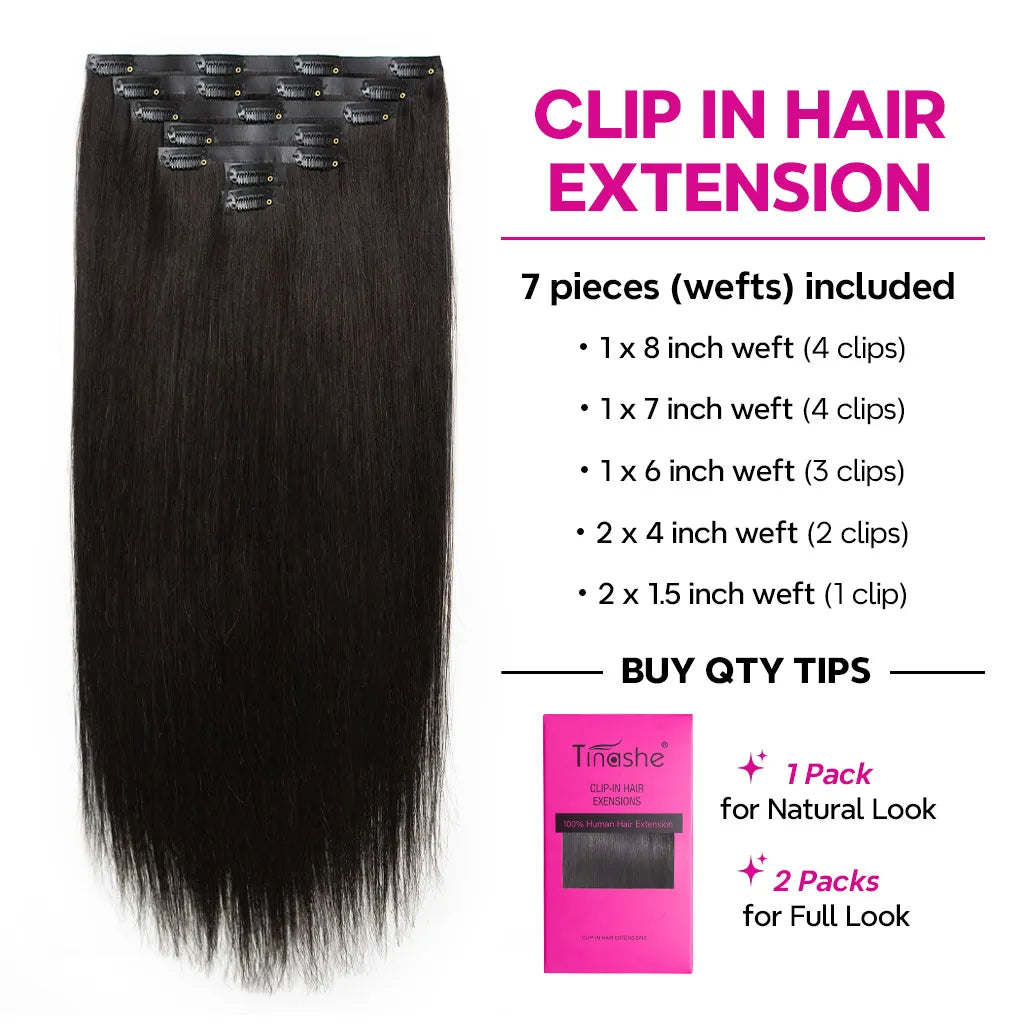Seamless Clip In Hair Extensions Straight & Yaki Straight Virgin Human Hair 7pcs/pack Natural Black Color