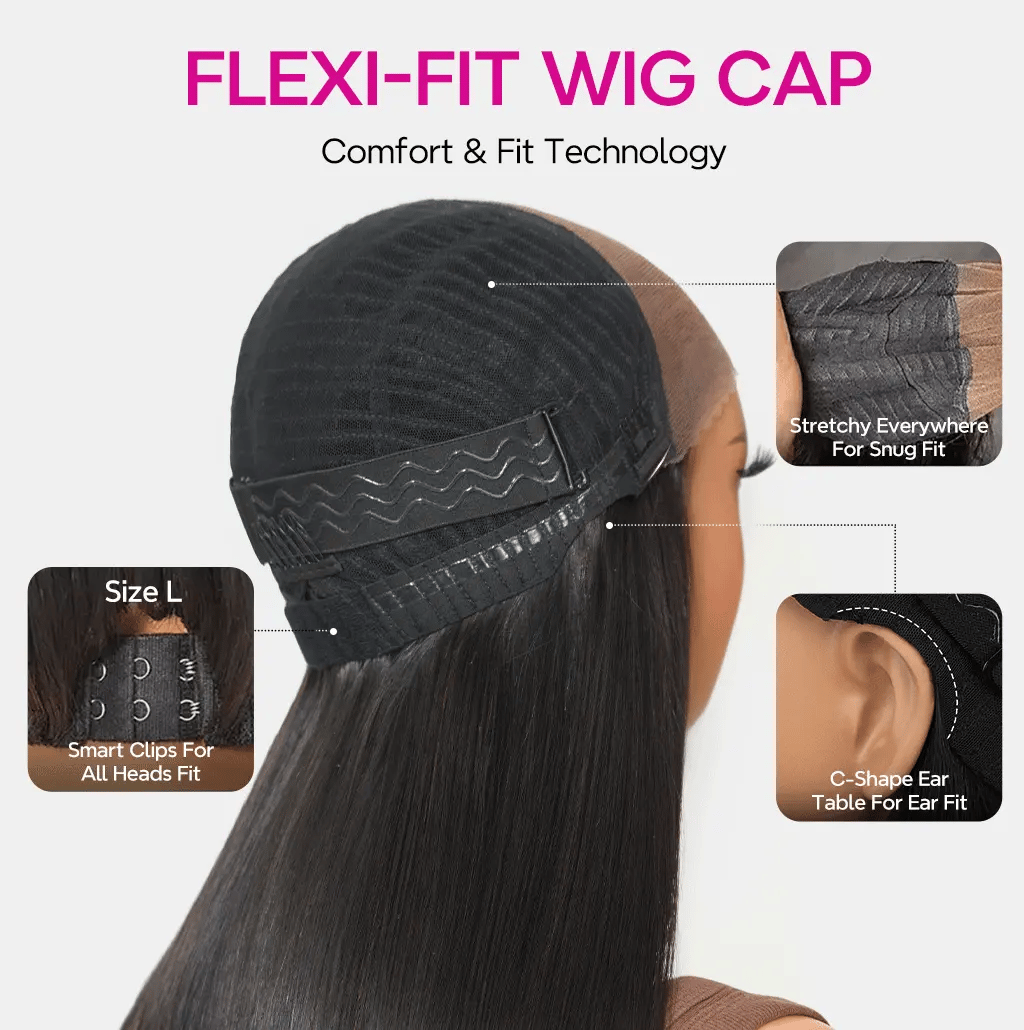 Pre-Braided Flexi-Fit Glueless Straight Wig Pre-Cut 9x6 Lace Bleached Knots