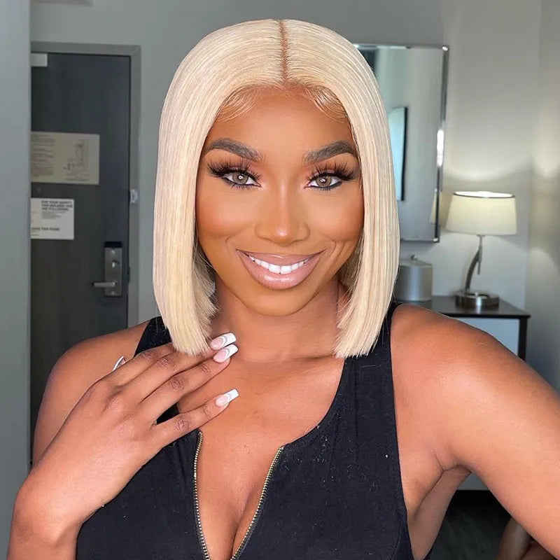 Glueless 613 Blonde Straight Bob Wig 6x5 Pre-Cut Lace Human Hair Wig Plucked Hairline