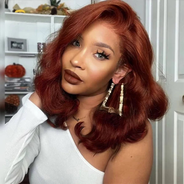 Glueless Reddish Brown Loose Body Wave Short Wig 6x5 Lace Pre-Bleached Knots