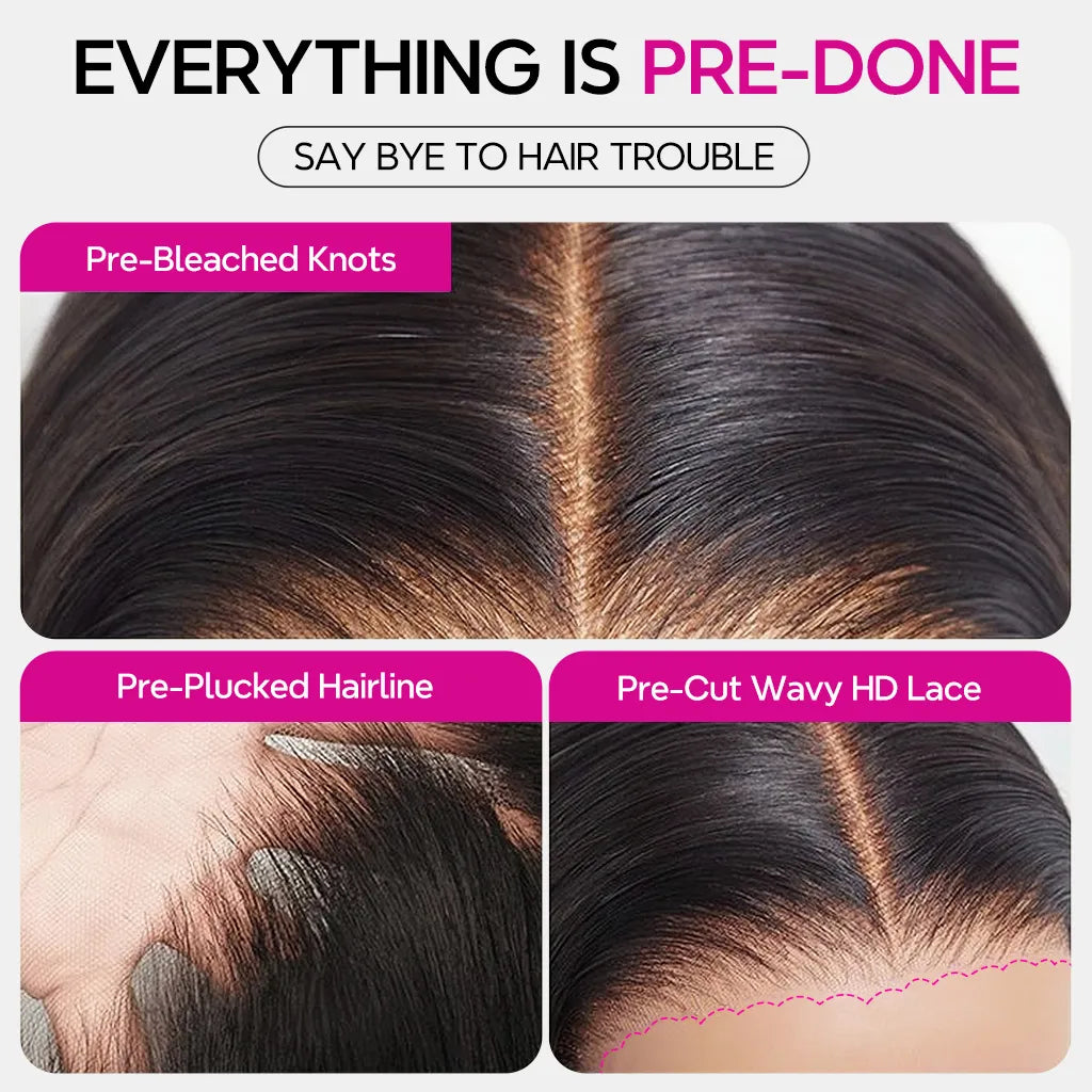 Yaki Straight Glueless Bob Wig 6x5 Pre-Cut HD Lace Bleached Knots Put On & Go
