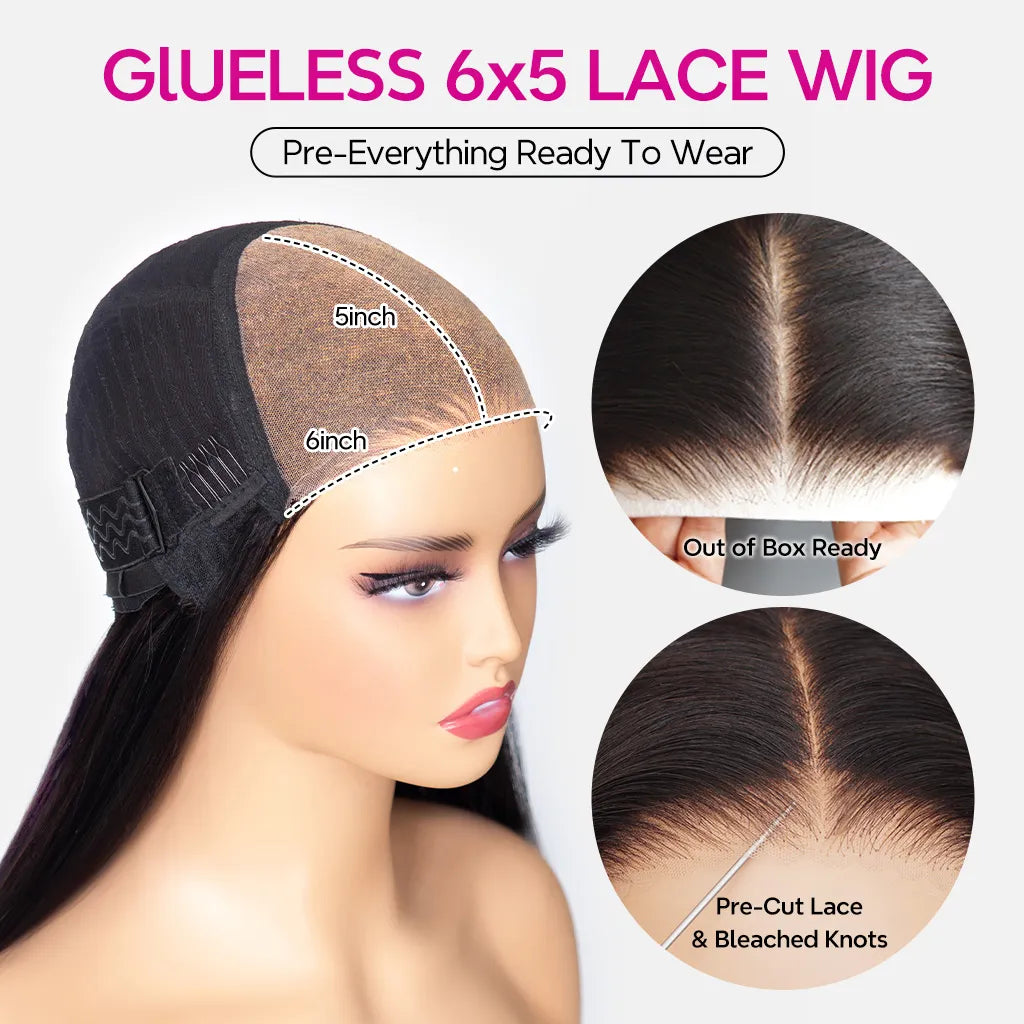 Yaki Straight Glueless Bob Wig 6x5 Pre-Cut HD Lace Bleached Knots Put On & Go