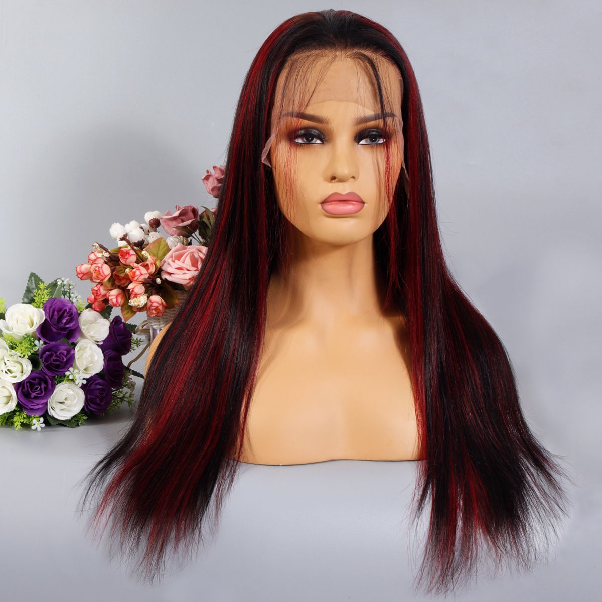 Burgundy Highlight With Dark Roots Straight 13x4 HD Lace Frontal Wigs