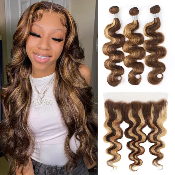 Highlight Body Wave Hair 3 Bundles With 13x4 HD Lace Frontal Honey Blonde