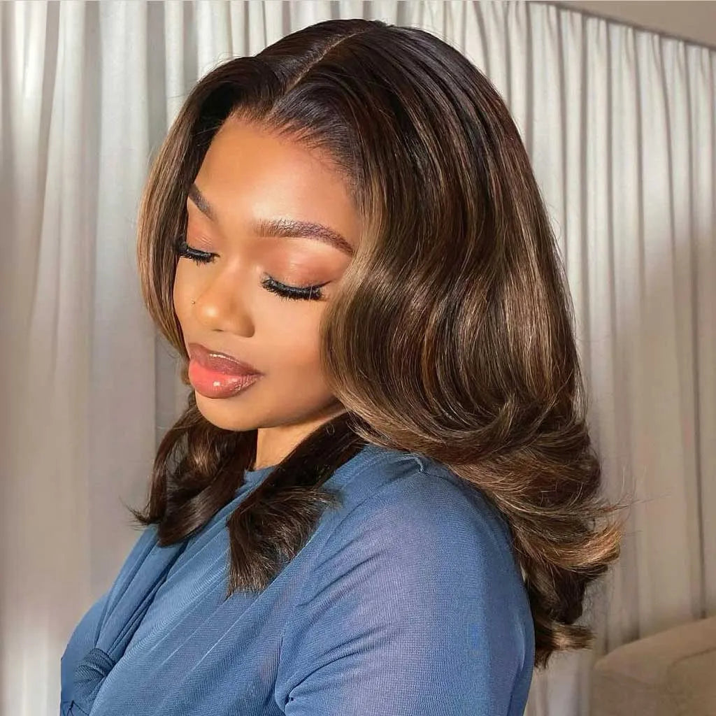 Highlight Brown Loose Wave Glueless Wigs Pre-Cut 6x5 Lace Closure Human Hair Wigs