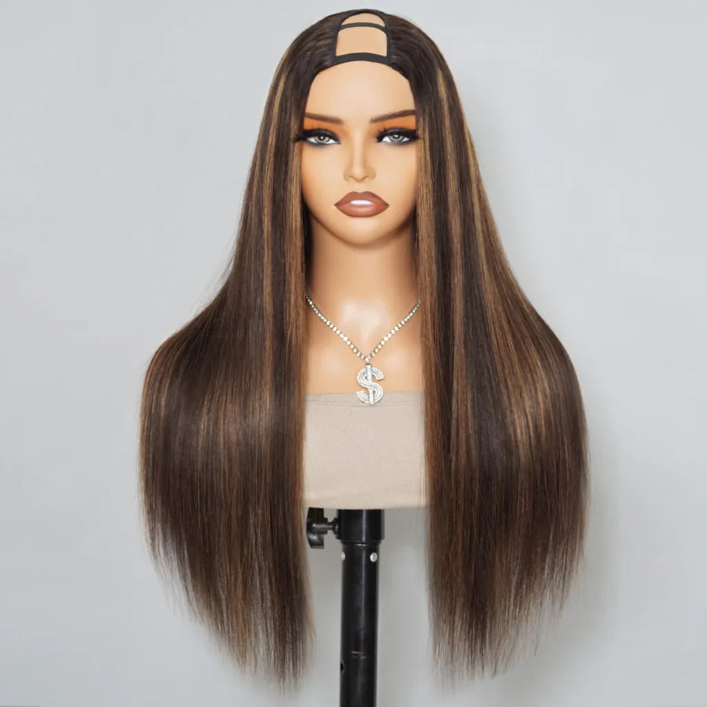 Highlight Brown U Part Wig Body Wave / Straight No Glue Easy Install